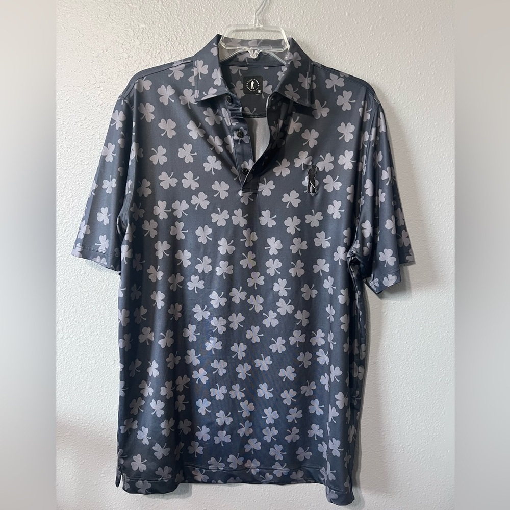 USAG U Suck At Golf Polo Mens Sz M Dark Gray Shamrock Print Performance Shirt.
